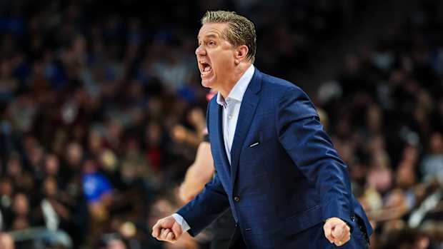Jan 23, 2024; Columbia, South Carolina, USA; Kentucky Wildcats head coach John Calipari disputes a call against the South Carolina Gamecocks in the second half at Colonial Life Arena. Mandatory Credit: Jeff Blake-USA TODAY Sports